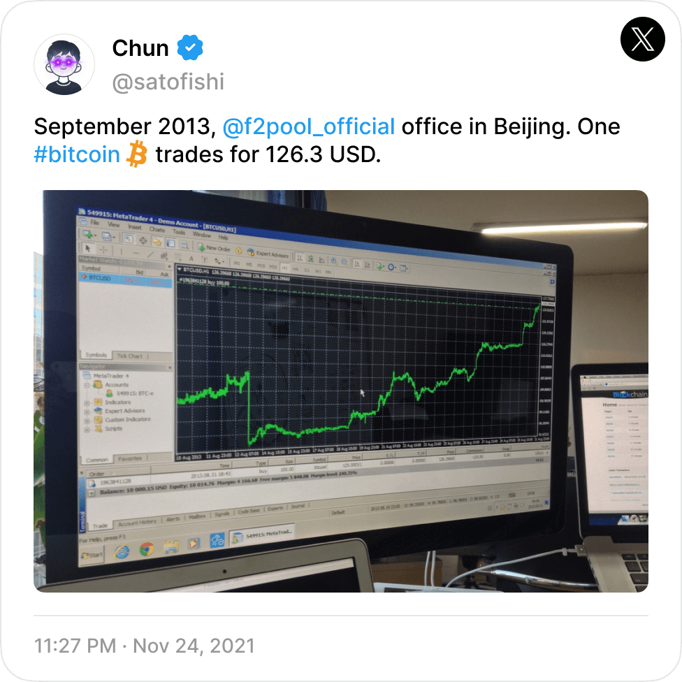 Twitter post from Chun watching Bitcoin price. Did you know f2pool mined over 1 million bitcoins?