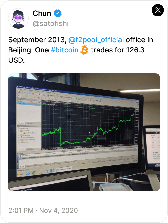 Twitter post from Chun watching Bitcoin price. Did you know f2pool mined over 1 million bitcoins?